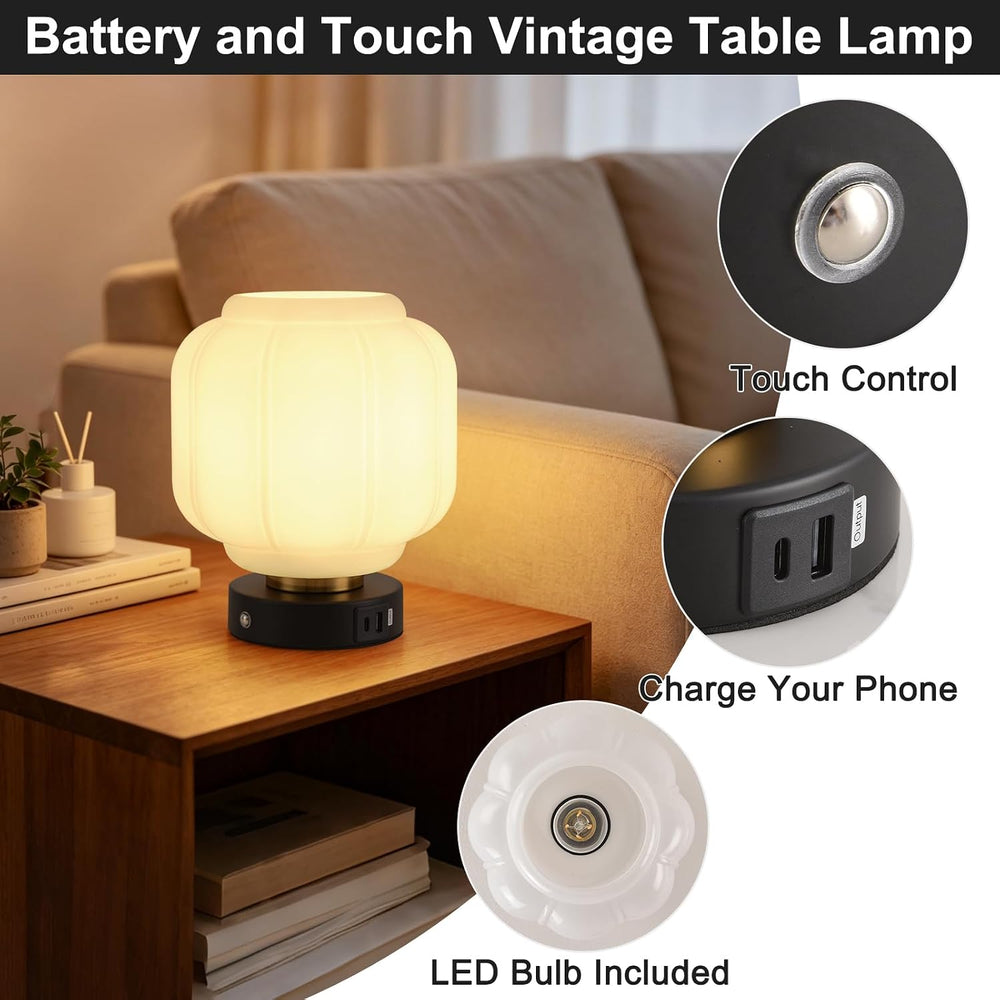 Rechargeable Table Lamp, Cordless Milk Glass Bedside Lamp Small