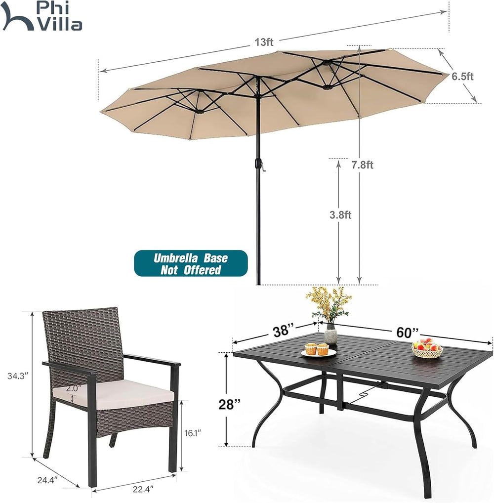 PHI VILLA 7pc Patio Dining Set with Beige Umbrella, 6 Rattan Chairs