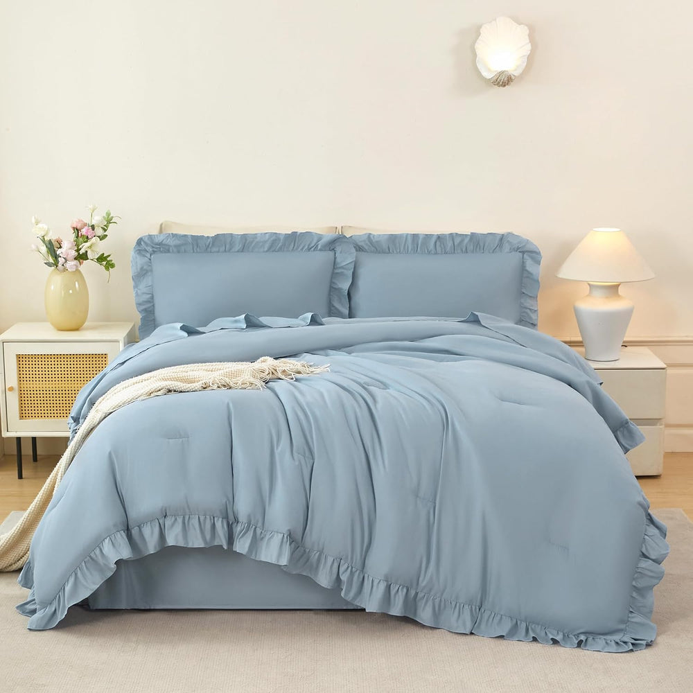 ANGIYUIN 5Pcs King Size Comforter Sets Dusty Blue Ruffle Bedding Sets