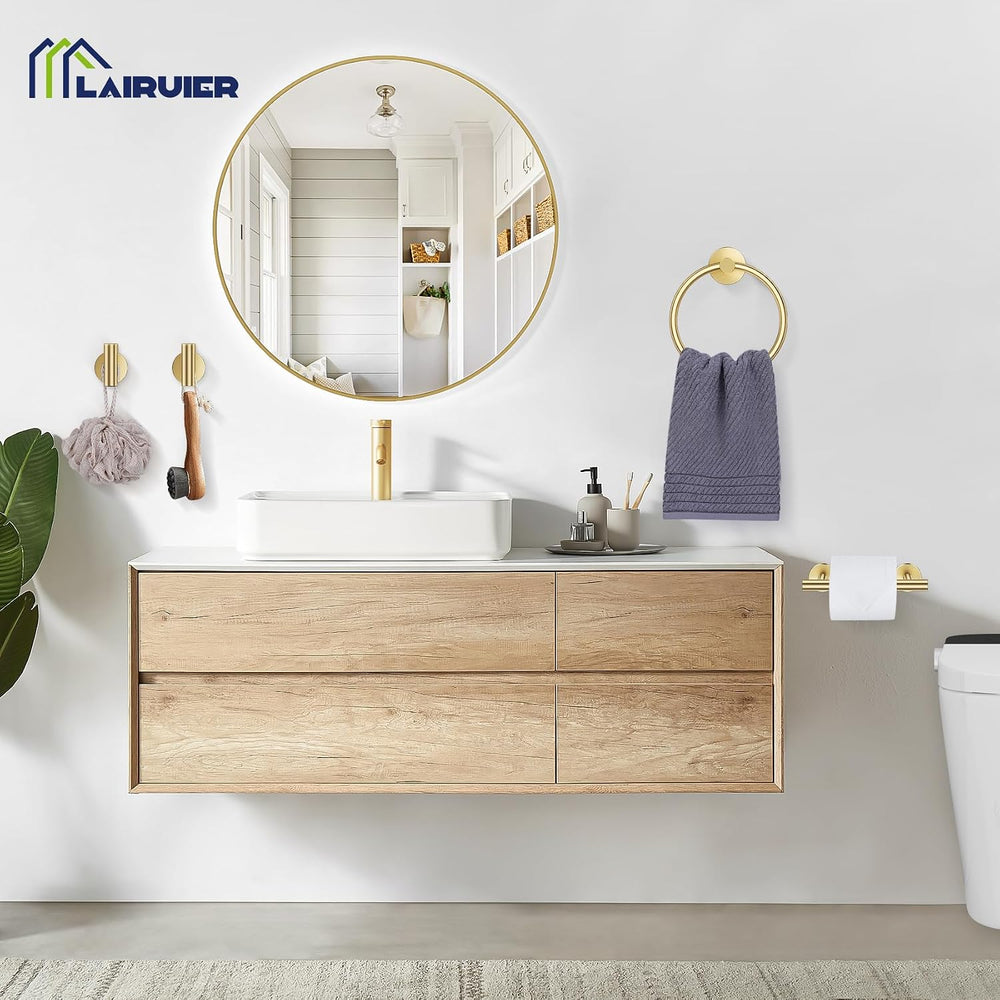 Brushed Gold Bathroom Hardware Set, Toilet Paper Holder, Towel Ring & Hooks