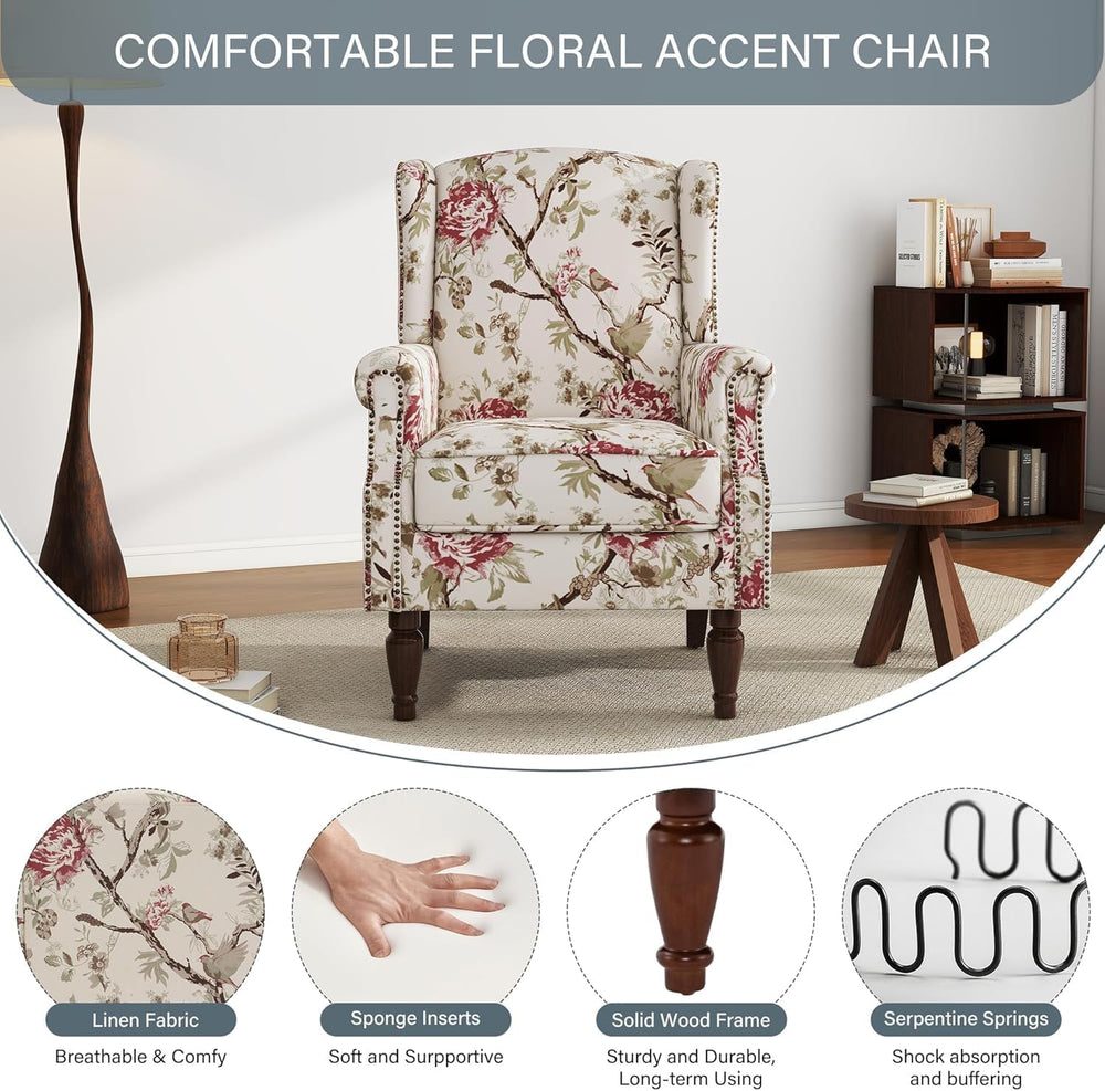 Floral High Back Accent Chairs Set of 2, Wingback Armchair in Fabric