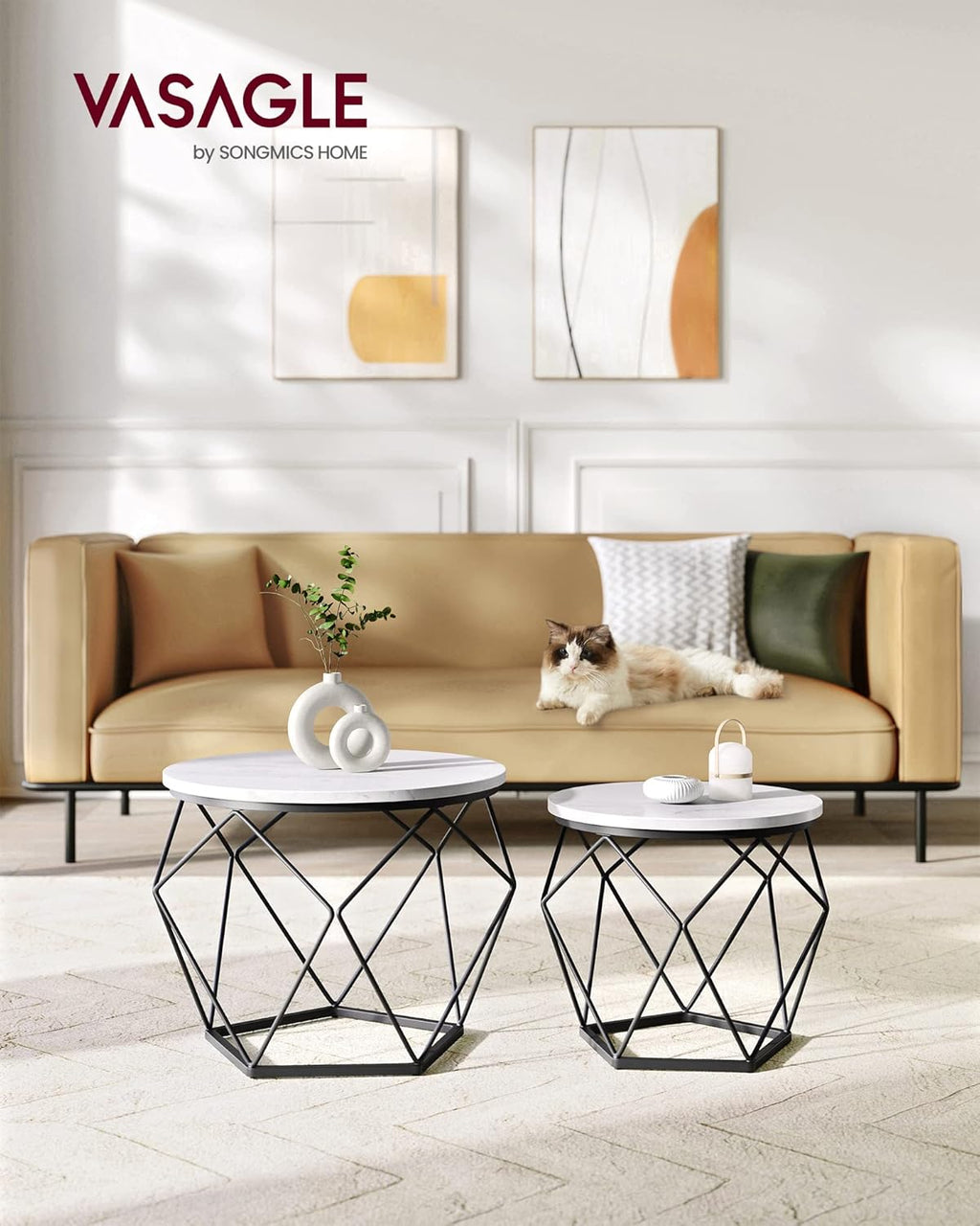 VASAGLE Small Round Coffee Table Set of 2, with Steel Frame