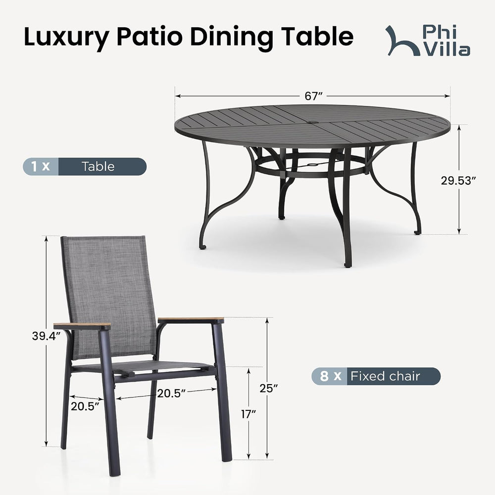 PHI VILLA Outdoor Dining Set for 8 w/Round Table & Aluminum Chairs, Grey