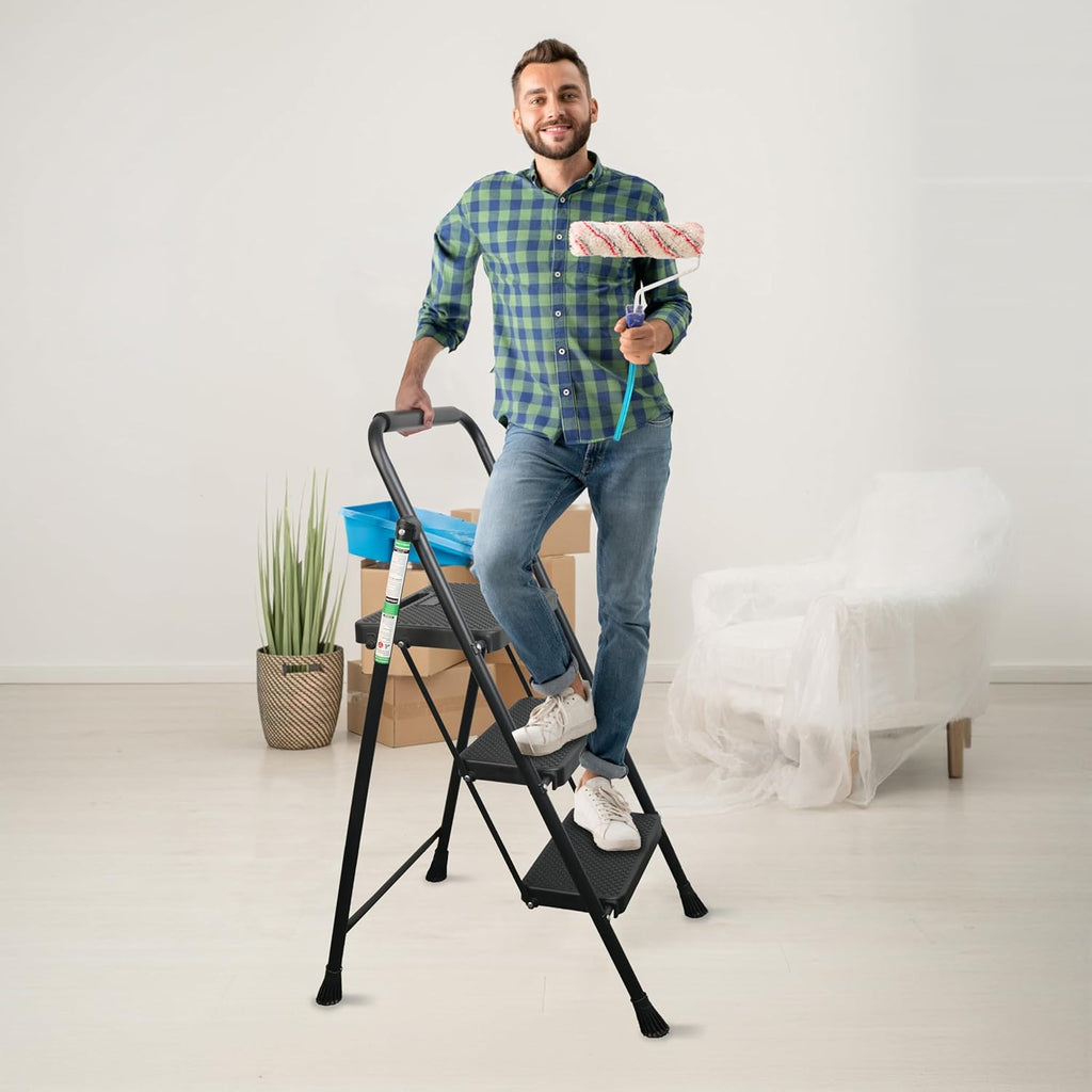 Arbusb Step Ladder, Folding Steel Ladder with Handrail & Wide Pedals