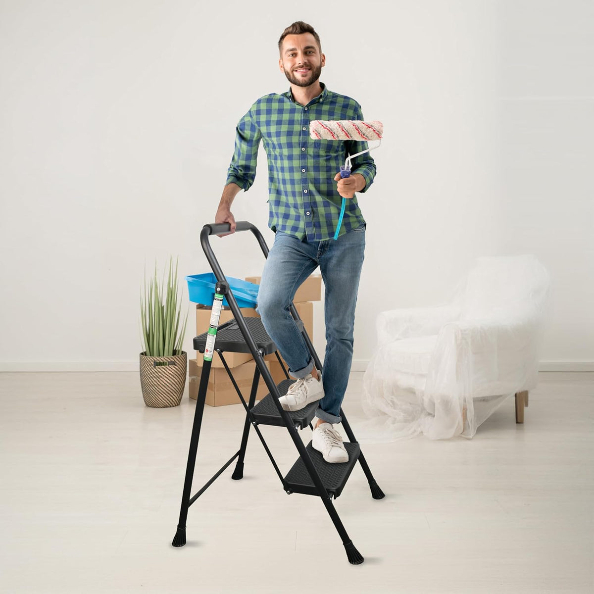 Arbusb Step Ladder, Folding Steel Ladder with Handrail & Wide Pedals