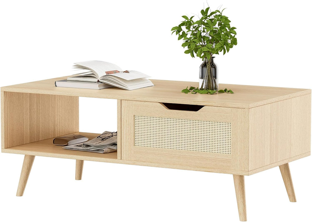 DIYART Oak Rattan Coffee Table, Mid Century Modern with Drawer & Shelf, 3...