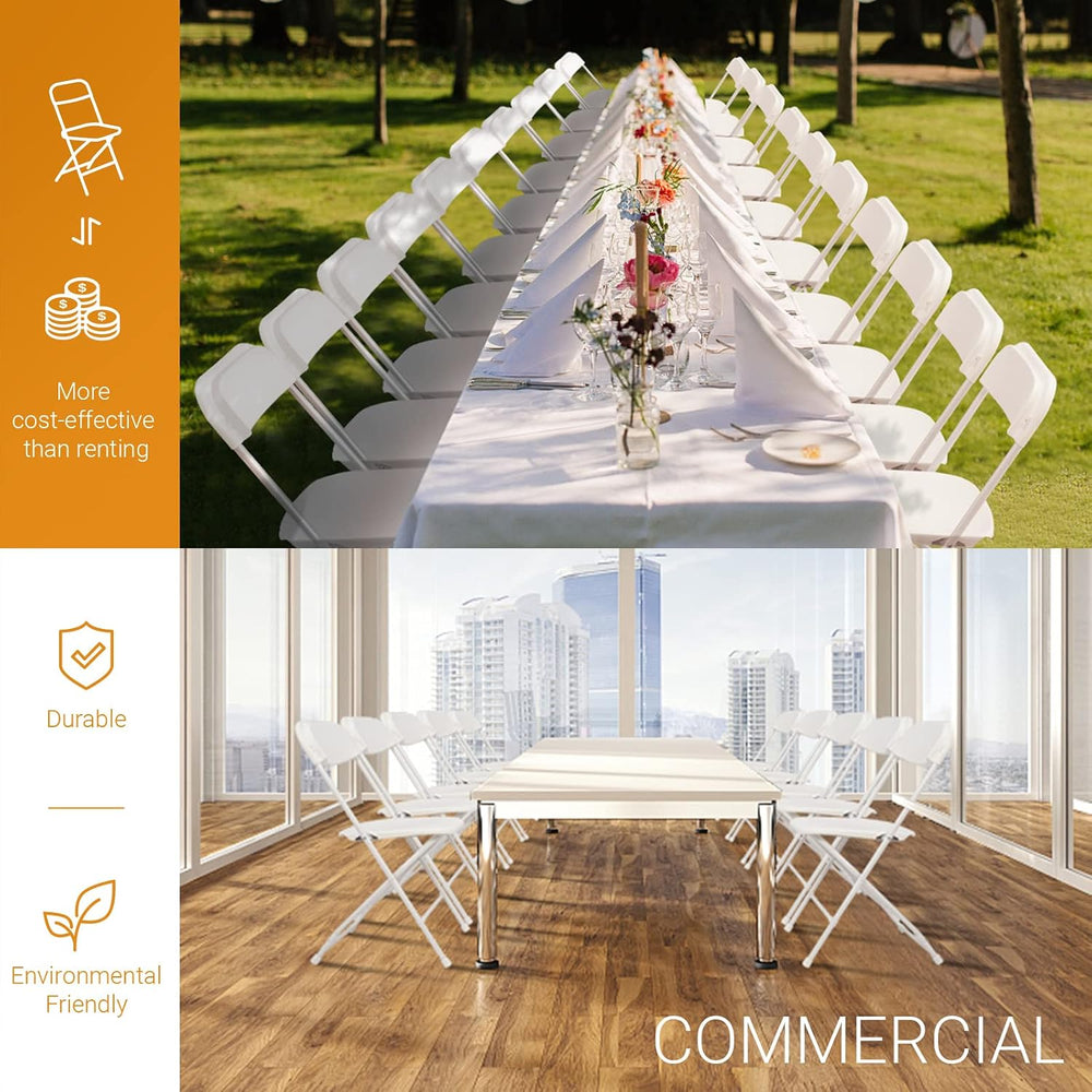 FCH White Folding Chair，Foldable Metal Frame with Solid Plastic Seat, Portabl...