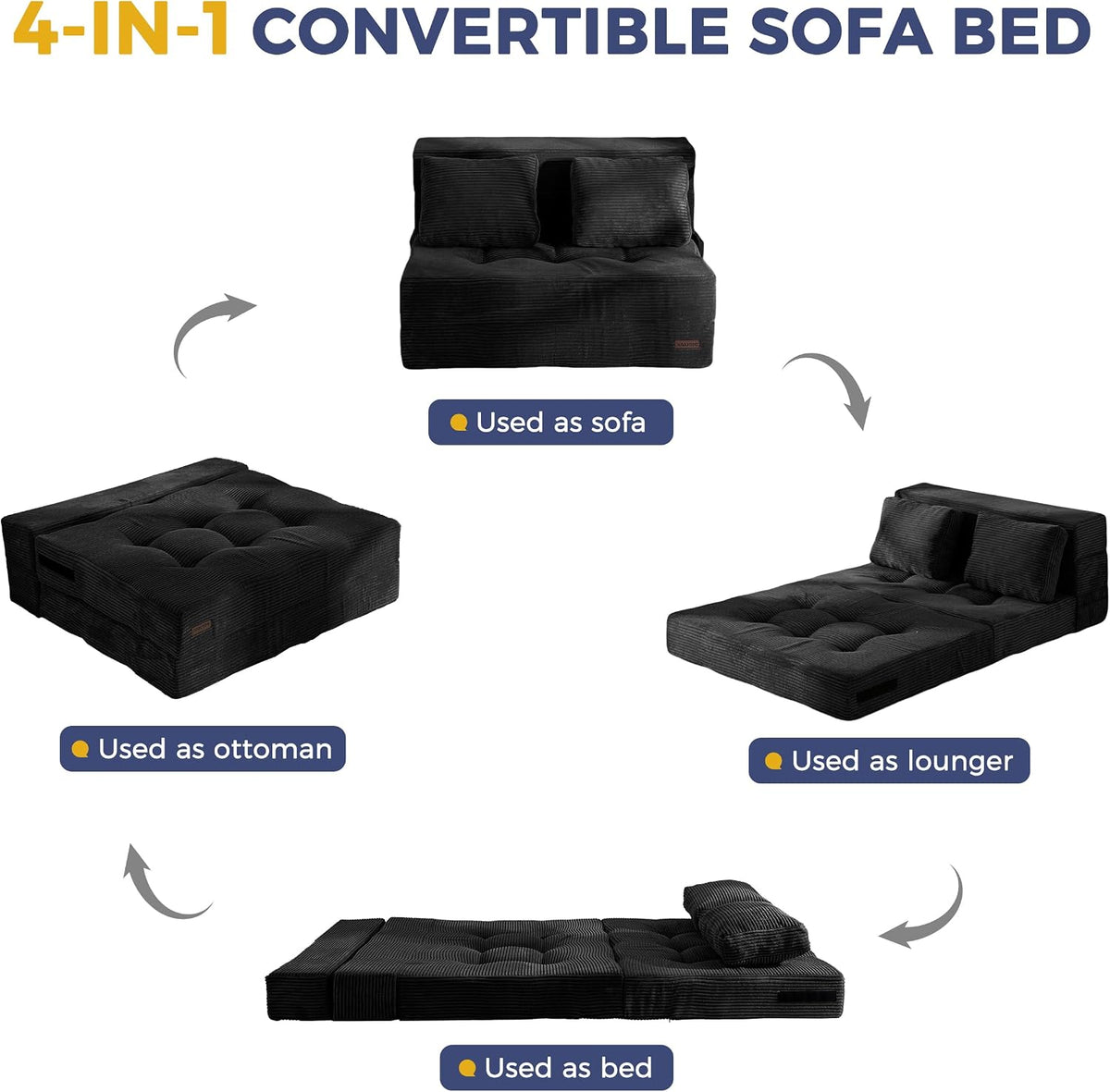 MAXYOYO Convertible Sofa Bed, Fold Out Sofa Couch with Pillow for Adults | Loveseat Sofa 4 in 1 Tufted Folding Couch Bed Foam Floor Couch, Lazy Chair for Living Room Bedroom Guest Room, Black