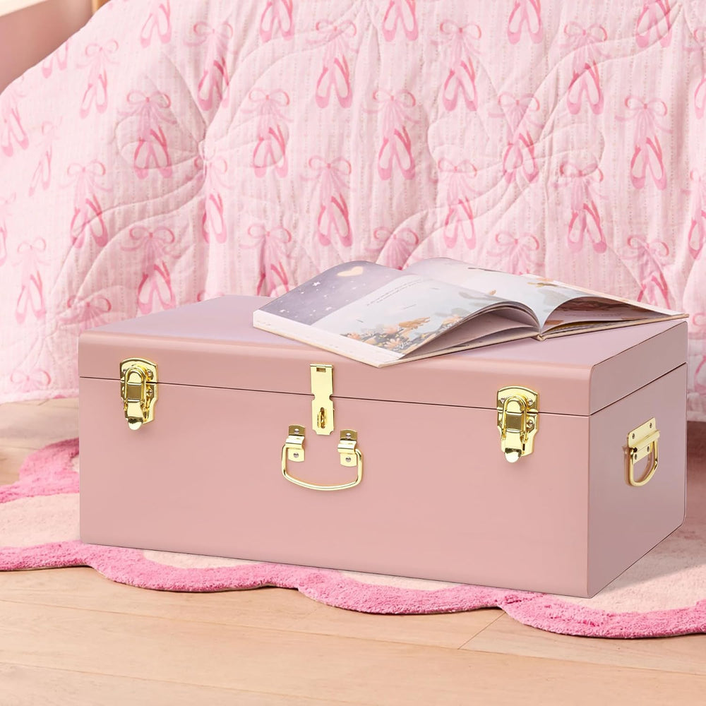 Vixdonos Large Metal Trunk Decorative Storage Box College Dorm Chest with Handle