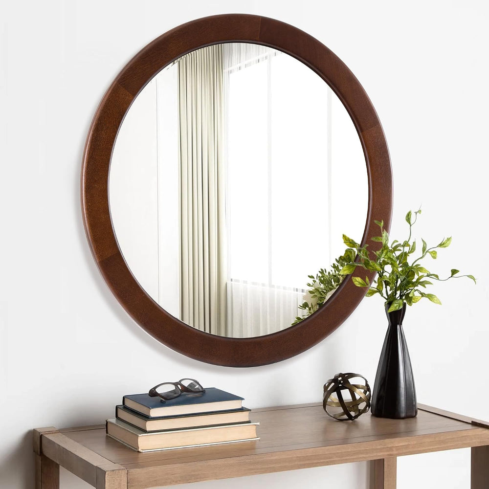 Round Mirrors 30 Inch,Wood Vanity Wall Rustic Mirror With Walnut Frame