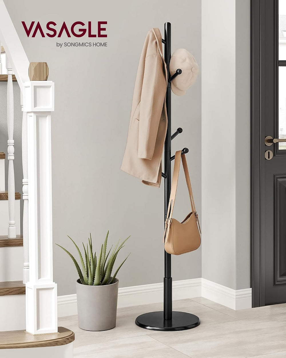 VASAGLE Solid Wood Coat Rack, Free Standing, 8 Hooks, 3 Height Options