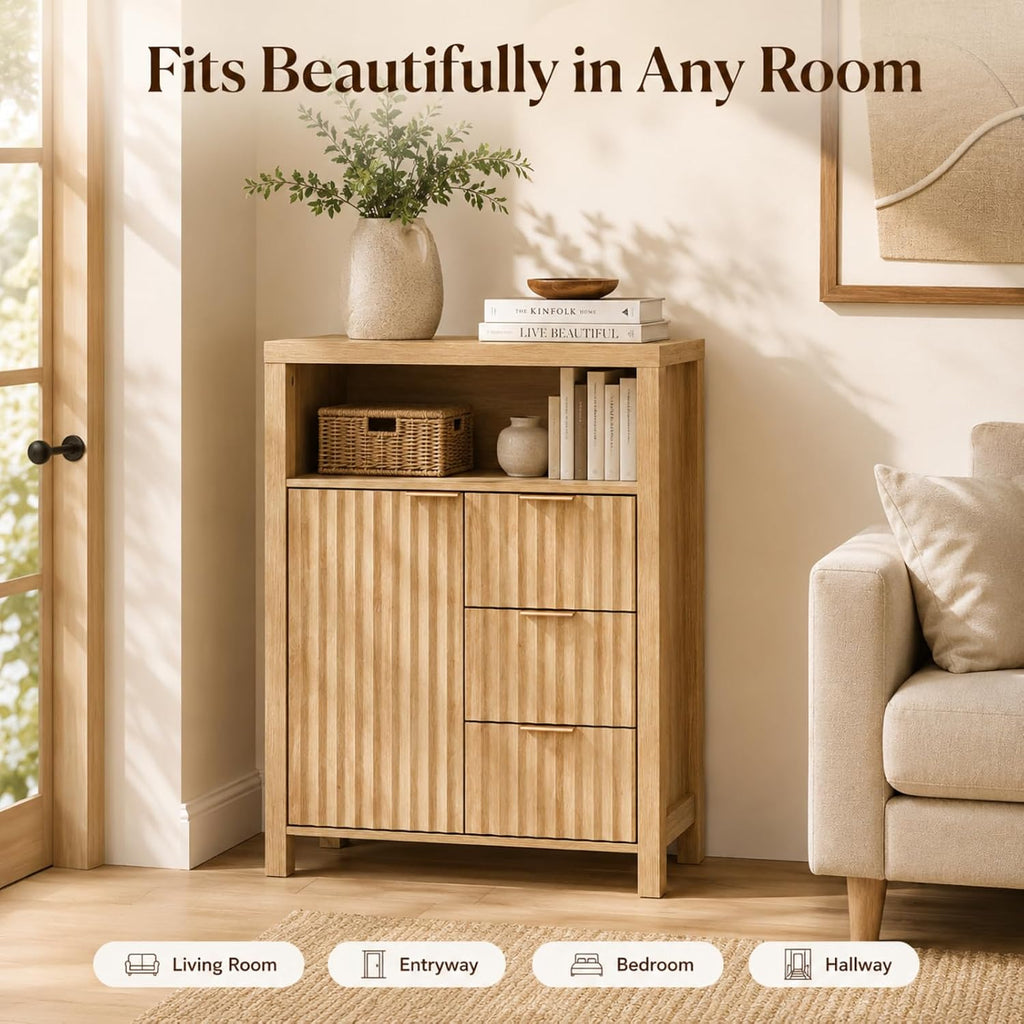 VINGLI Bathroom Storage Cabinet with 3 Drawers & Door, Slim Freestanding Floor Cabinet Organizer for Small Spaces, 30mm Thick-Look Top & Legs, Adjustable Shelf, Modern Fluted Cabinet, Natural Oak