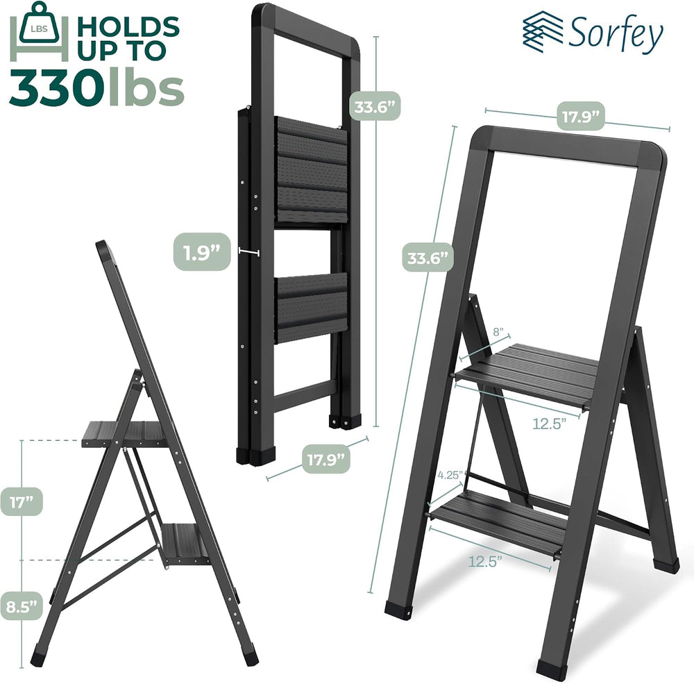 Step Ladder 2 Step Folding, Decorative - Modern Beautiful Black Aluminum,Lock...