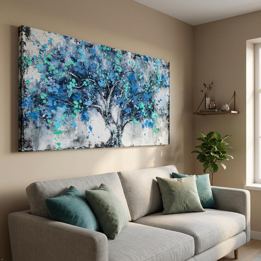 SHYART Tree Wall Art Teal Blue Nature Tree of Life Canvas Painting 58x28in