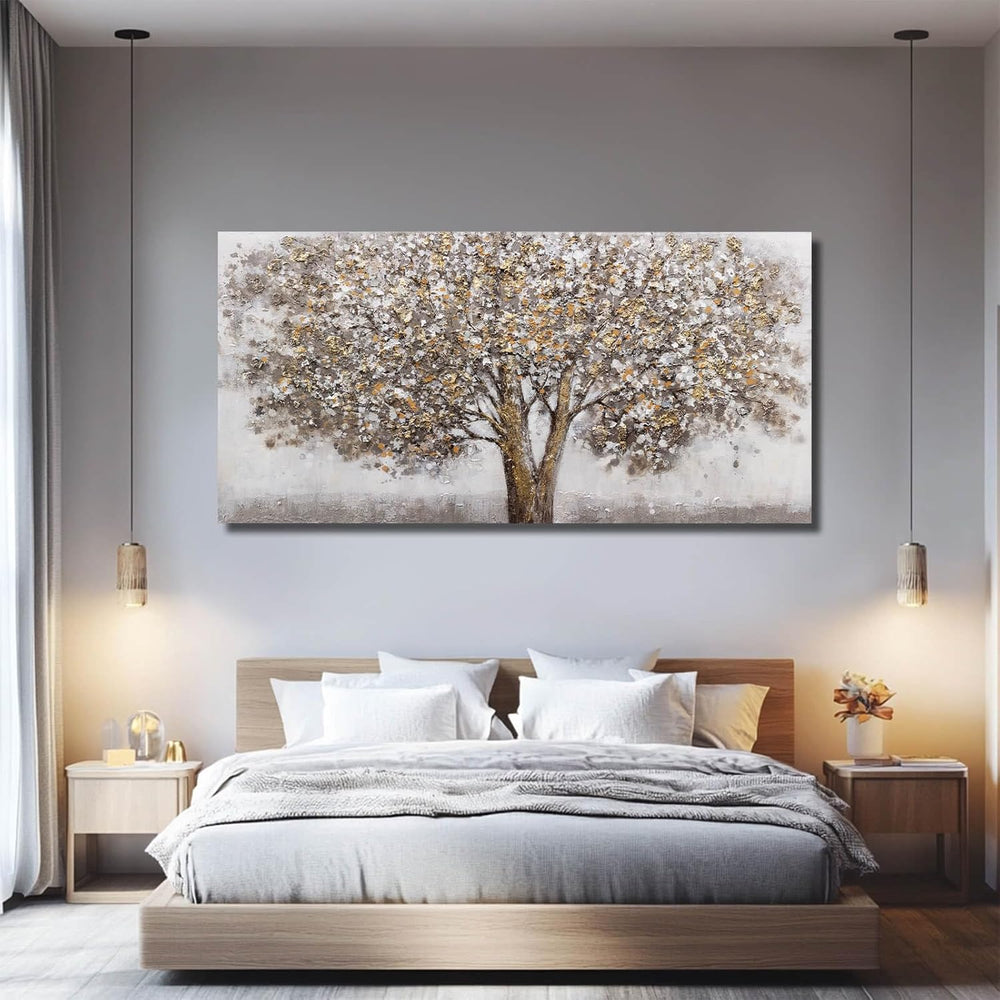 Large Framed Neutral Tree Landscape Wall Art for Living Room,29x58 In