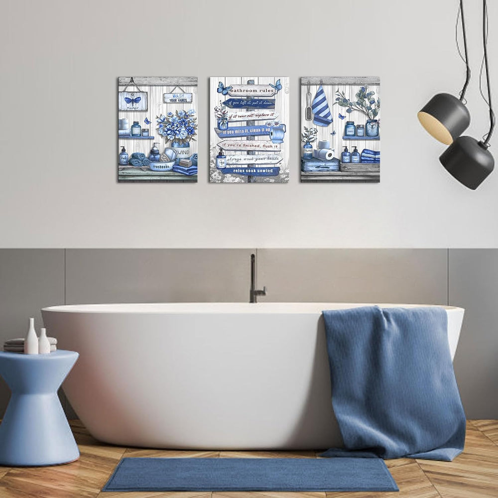 OuElegent Bathroom Wall Art Farmhouse Canvas Navy Blue 12''x16'&#...