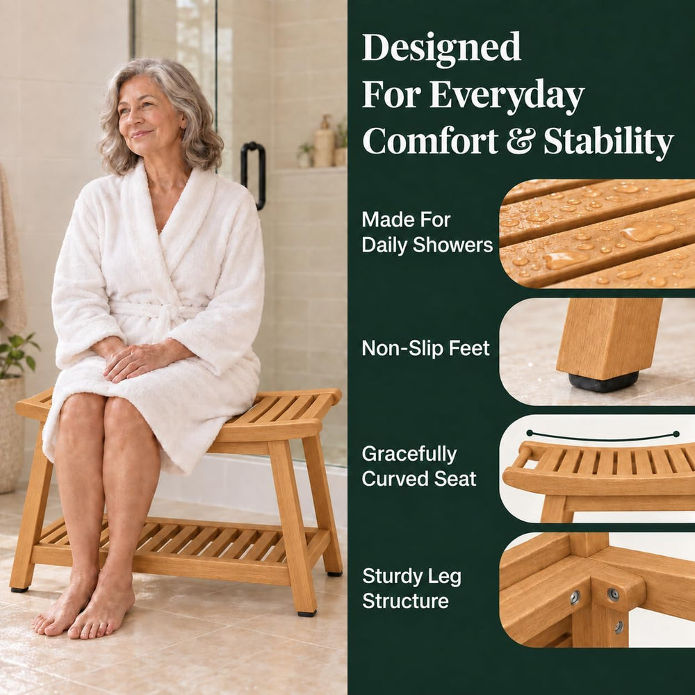 Wood Shower Bench for Inside Shower, 24" Stool Chair with Shelf
