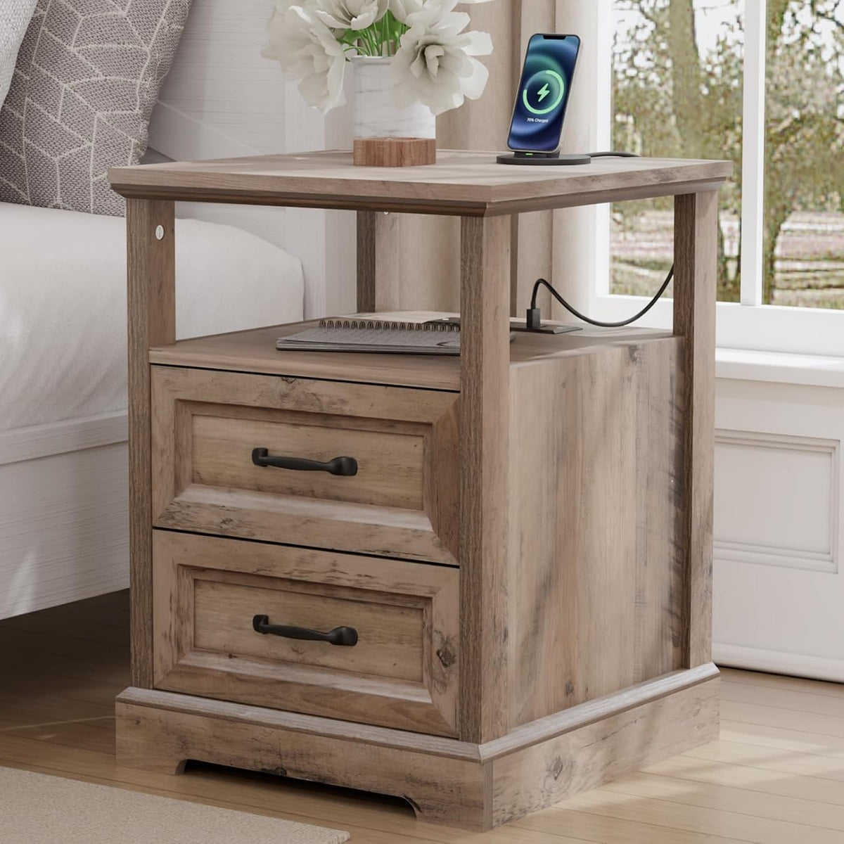 HOMMPA 18'' W Farmhouse Nightstand with Charging Station, Bedside Tables with Open Shelf, 2 Drawers End Table Dresser Side Table, Wood Night Stand for Bedroom, Rustic Greige