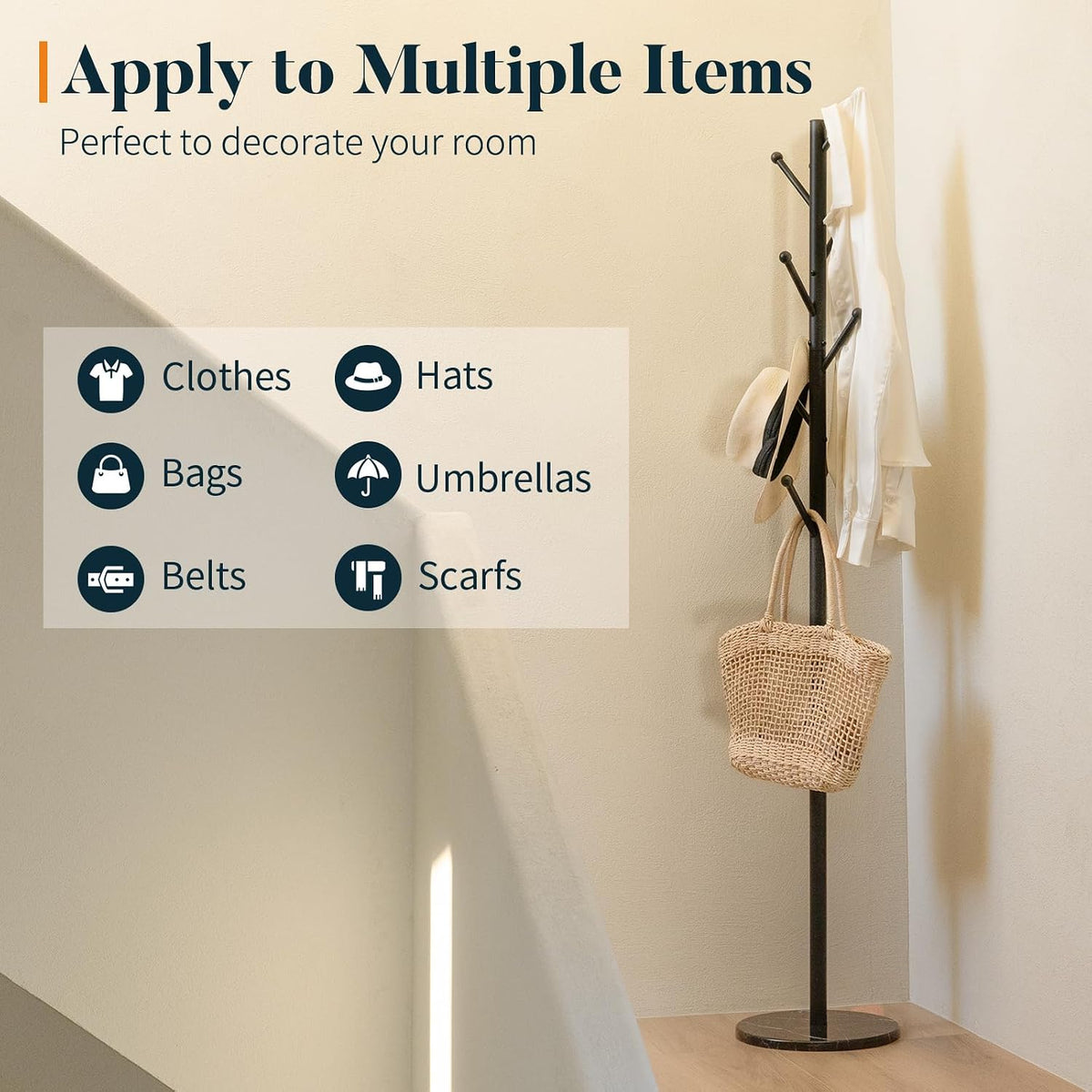Yoobure Coat Rack Freestanding with Natural Marble Base - Coat Tree with 8 Hooks Heavy Duty Coat Hanger Stand, Metal Coat Rack Stand for Jacket, Hat, Clothes & Bag, Hall Tree Hat Rack for Entryway