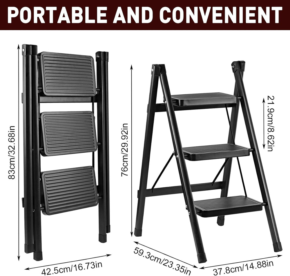 3 Step Ladder, Portable Folding Step Stool for Home Kitchen, Black