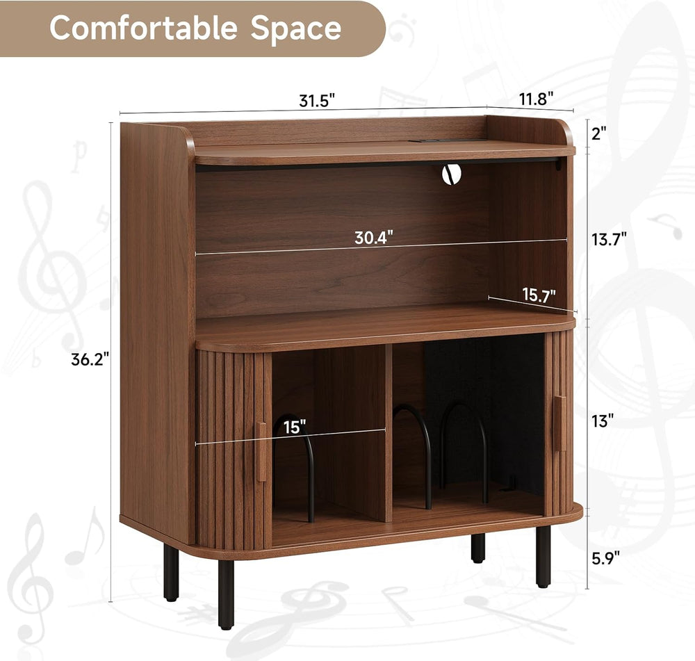 ONBRILL Mid Century Modern Record Player Stand with Charging Station,Walnut