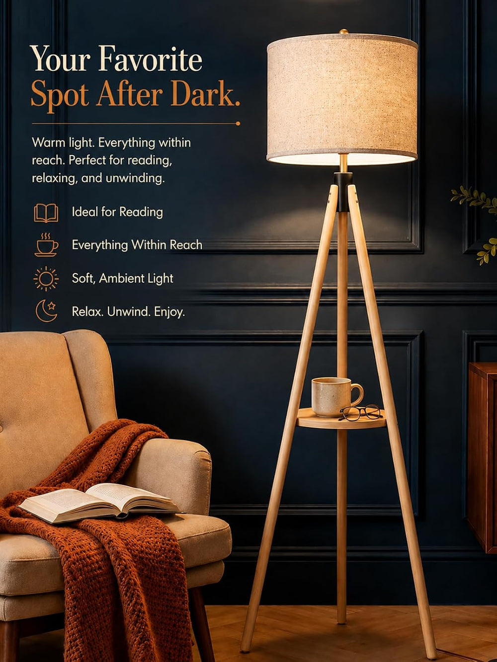 MOFFE Mid Century Solid Wood Tripod Floor Lamp with Tary & Remote Control