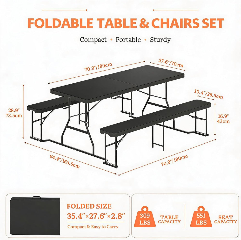 DWVO 6ft Folding Picnic Table Set, Foldable Picnic Table with Bench