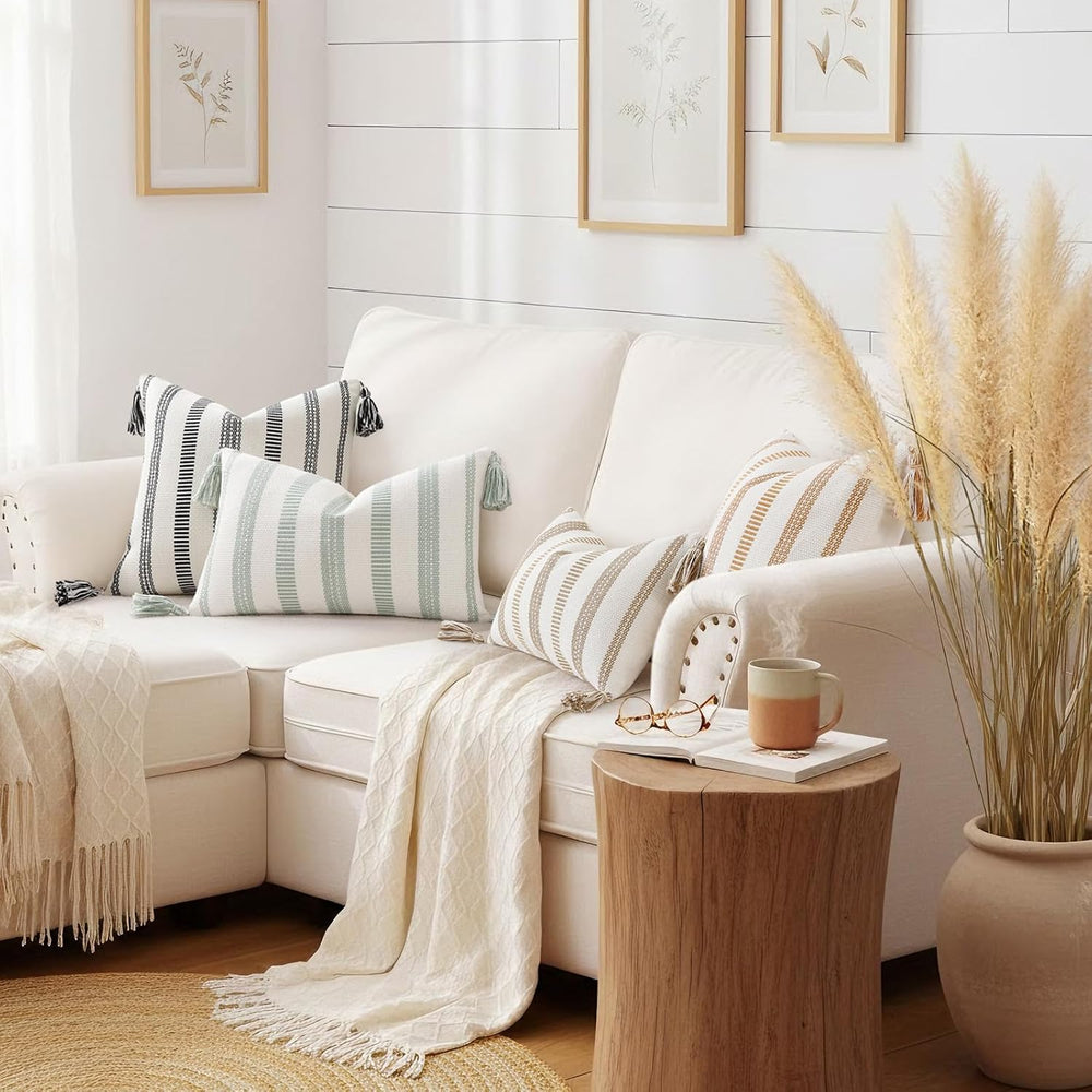 Smile Bee Outdoor Striped Pillow Covers 20x20 Set of 2 Sage Green and White