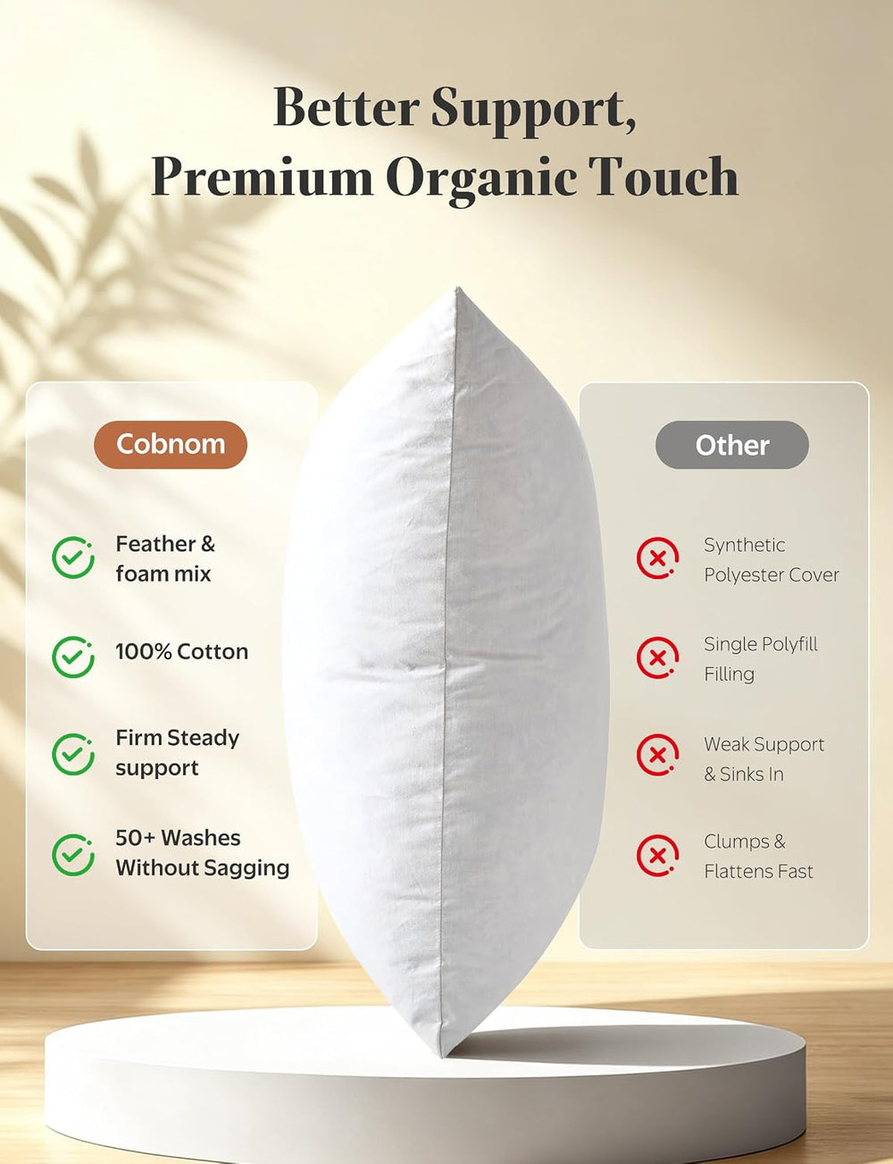 Organic Cotton Feather Down Throw Pillow Inserts 20x20 Set of 2
