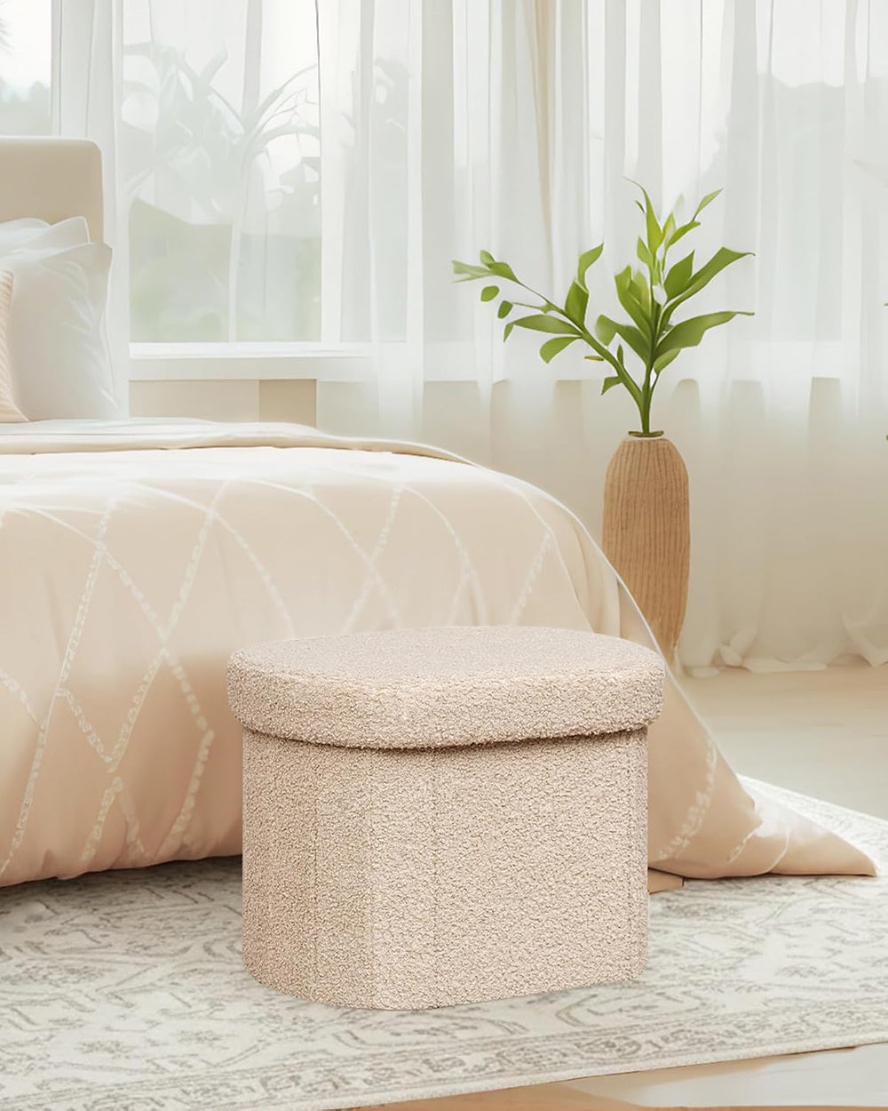 B FSOBEIIALEO 16.14" Boucle Storage Ottoman Cube for Dorm Room, Beige