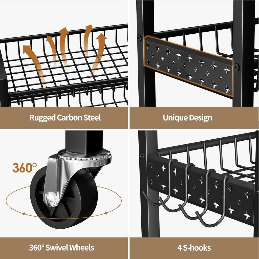 6 Tier Slim Storage Cart, Narrow Rolling Cart with Wheels, 10in(W) | Narrow Mobile Utility Shelf Unit Organizer for Kitchen, Bathroom, Laundry Room, Living Room, Small Places, Black