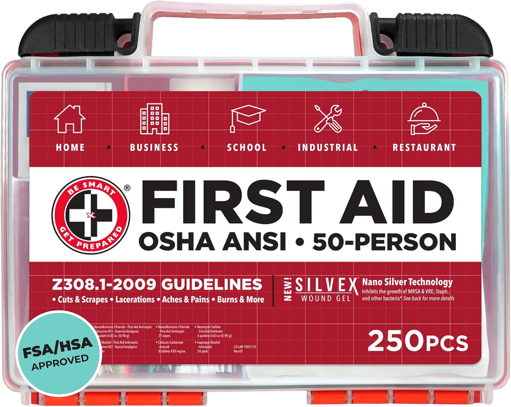 Be Smart Get Prepared OSHA/ANSI First Aid Kit - 50 Person, 250 Pieces - Desig...