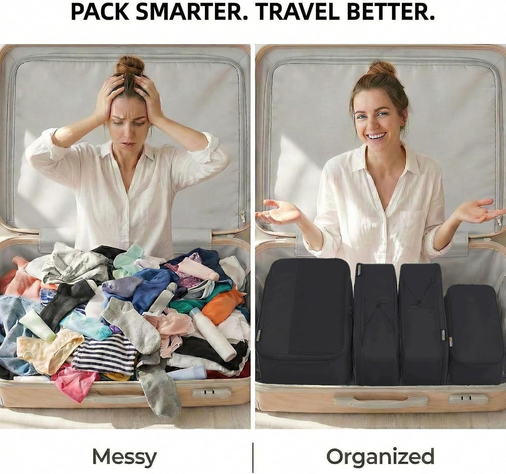 4 Large Compression Packing Cubes for 7–14 Day Travel, Jet Black