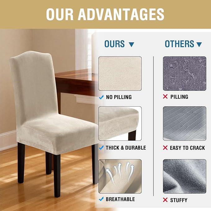 H.VERSAILTEX Dining Chair Covers Velvet Stretch Chair Covers for Dining Room Set of 4 Parson Chair Slipcovers Chair Protectors Covers Dining, Soft Thick Solid Velvet Fabric Washable, Ivory
