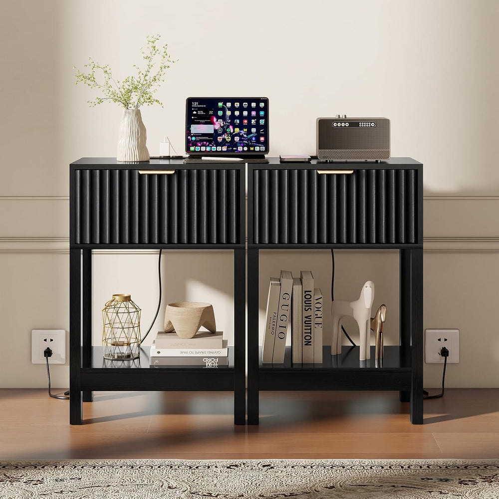 Nasonet Night Stand Set 2, Fluted Nightstand with Charging Station, Wood Beds...