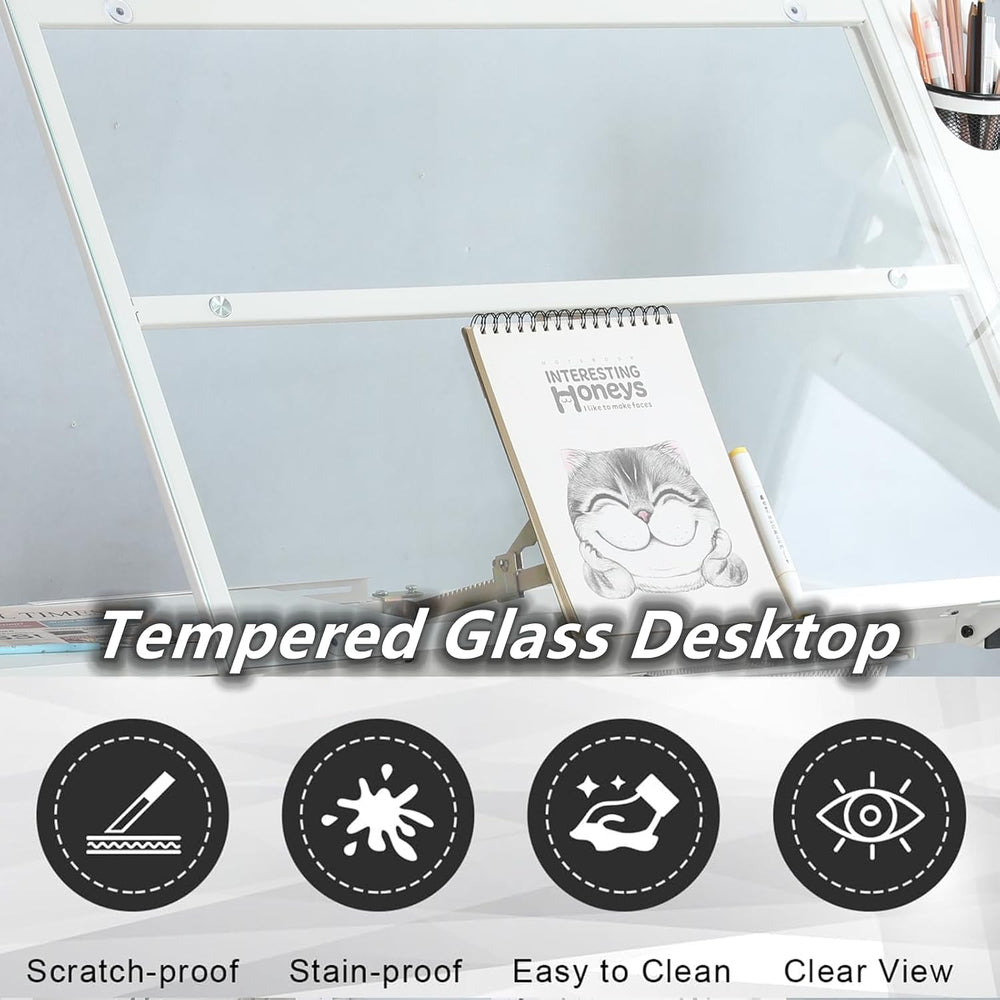 Drafting Desk w/Stool, Upgraded Glass Art Table for Artists, White