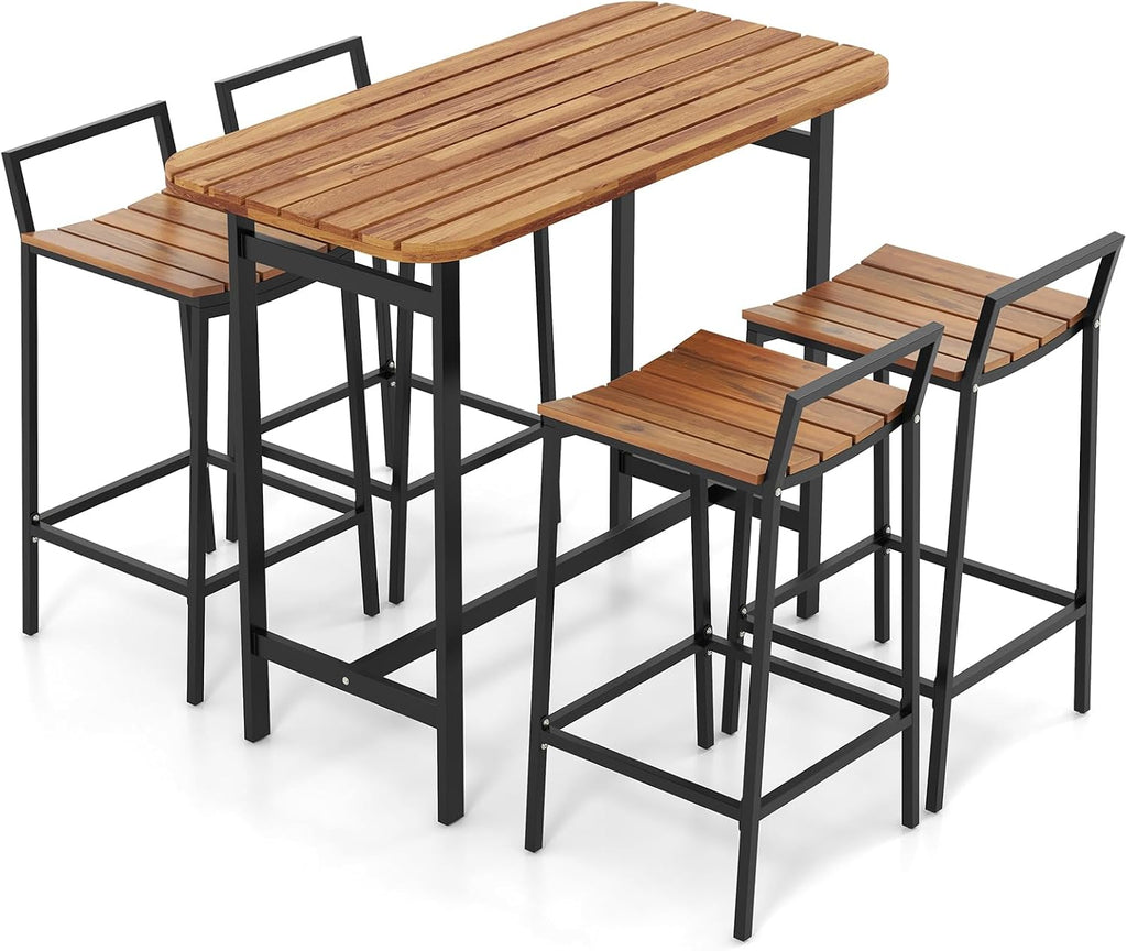 Tangkula 5 Piece Acacia Wood Bar Table Set, Outdoor Bar Height Table & Chairs with Metal Frame & Footrest, Patio Bar Table Set for 4, Patio Furniture Bistro Set for Deck, Garden & Poolside