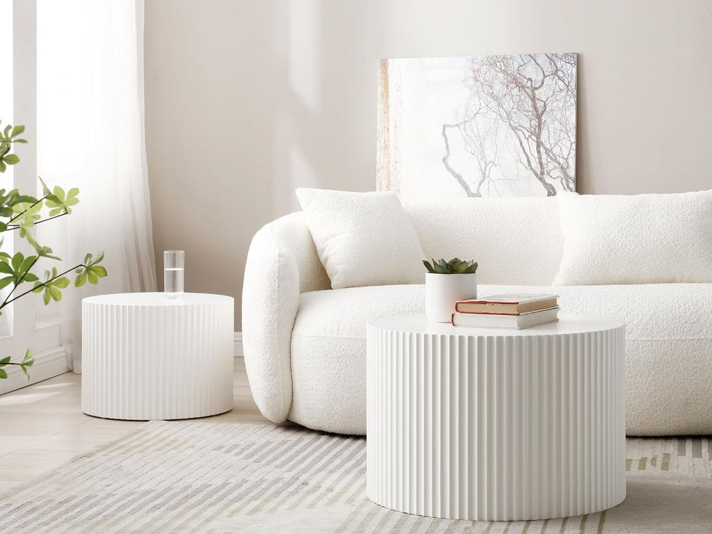 Nesting Coffee Table Set of 2 Round Coffee Tables Cocktail Table End Table Drum Coffee Table for Living Room Matte White