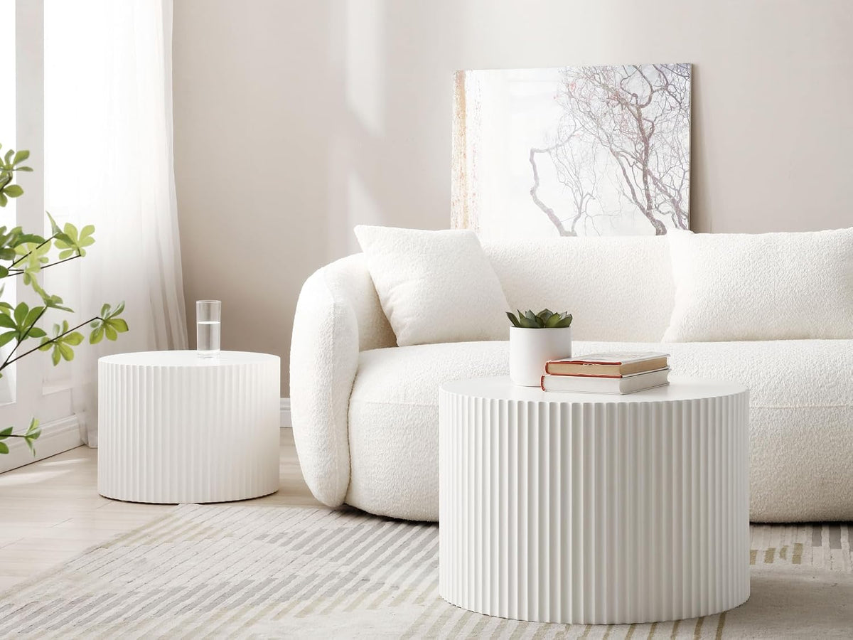 Nesting Coffee Table Set of 2 Round Coffee Tables Cocktail Table End Table Drum Coffee Table for Living Room Matte White