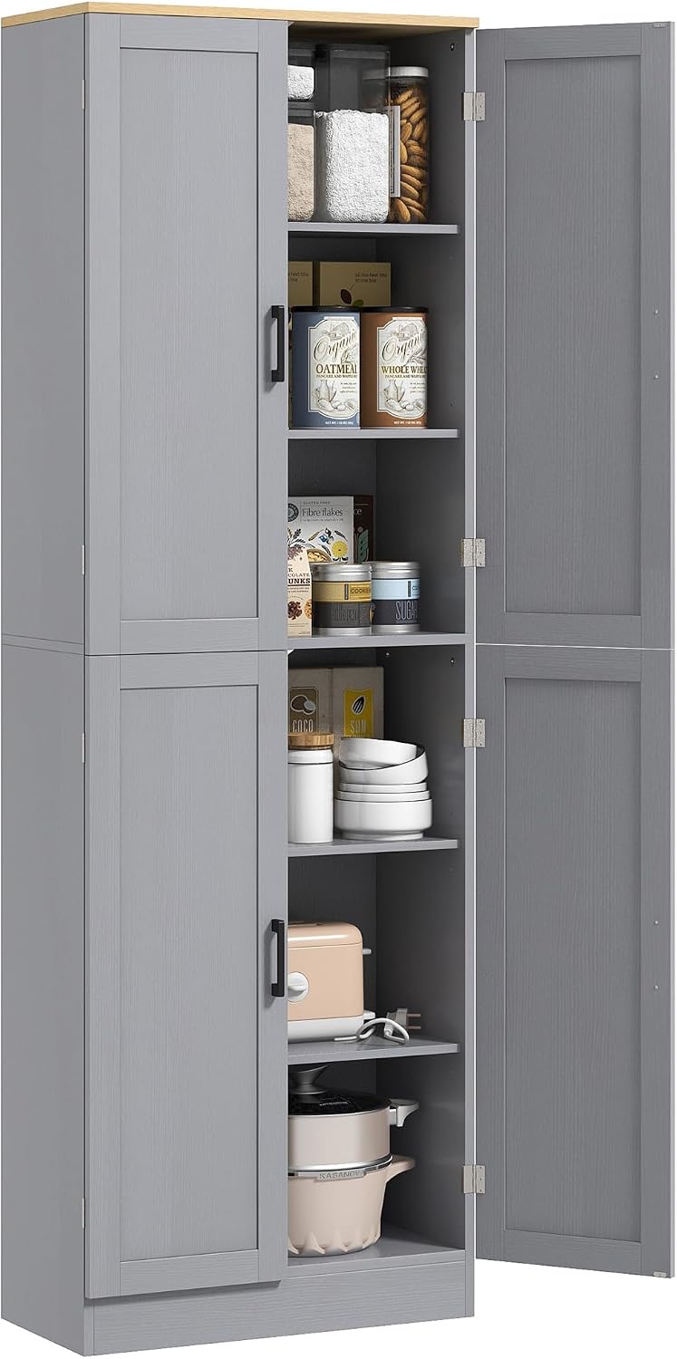 HOMCOM 67" Freestanding Kitchen Pantry 4-Door Cabinet Distressed Gray