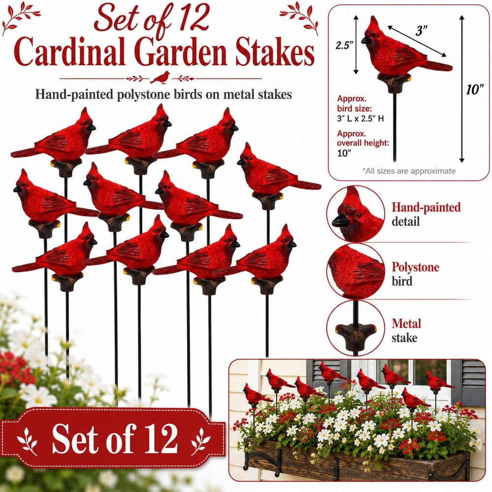 Red Cardinal Yard and Garden Stakes Set of 12, Decorative Cardinal Bird Plant...