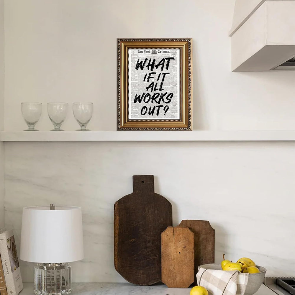 Gold Framed Wall Art Retro Black And White Newspaper Poster What If It All Wo...