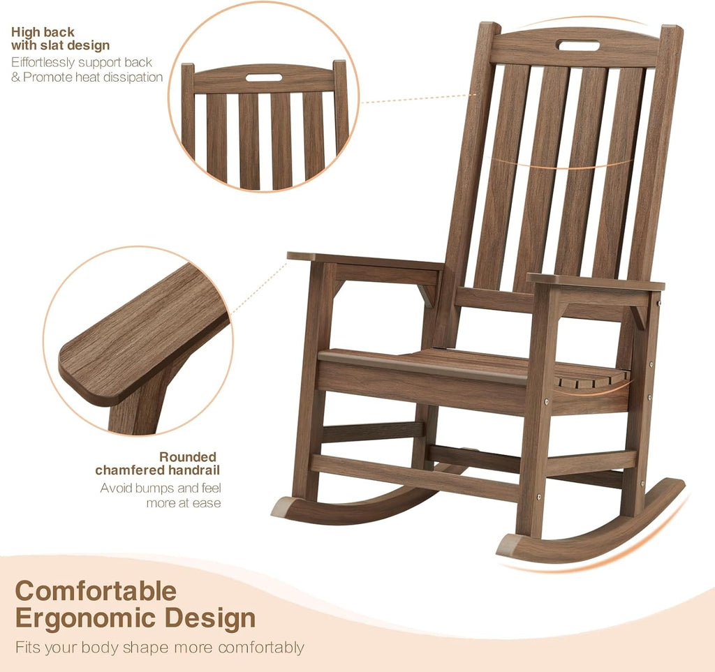 Psilvam Oversized Outdoor Rocking Chair, HDPE Porch Rocker (Dark Brown)