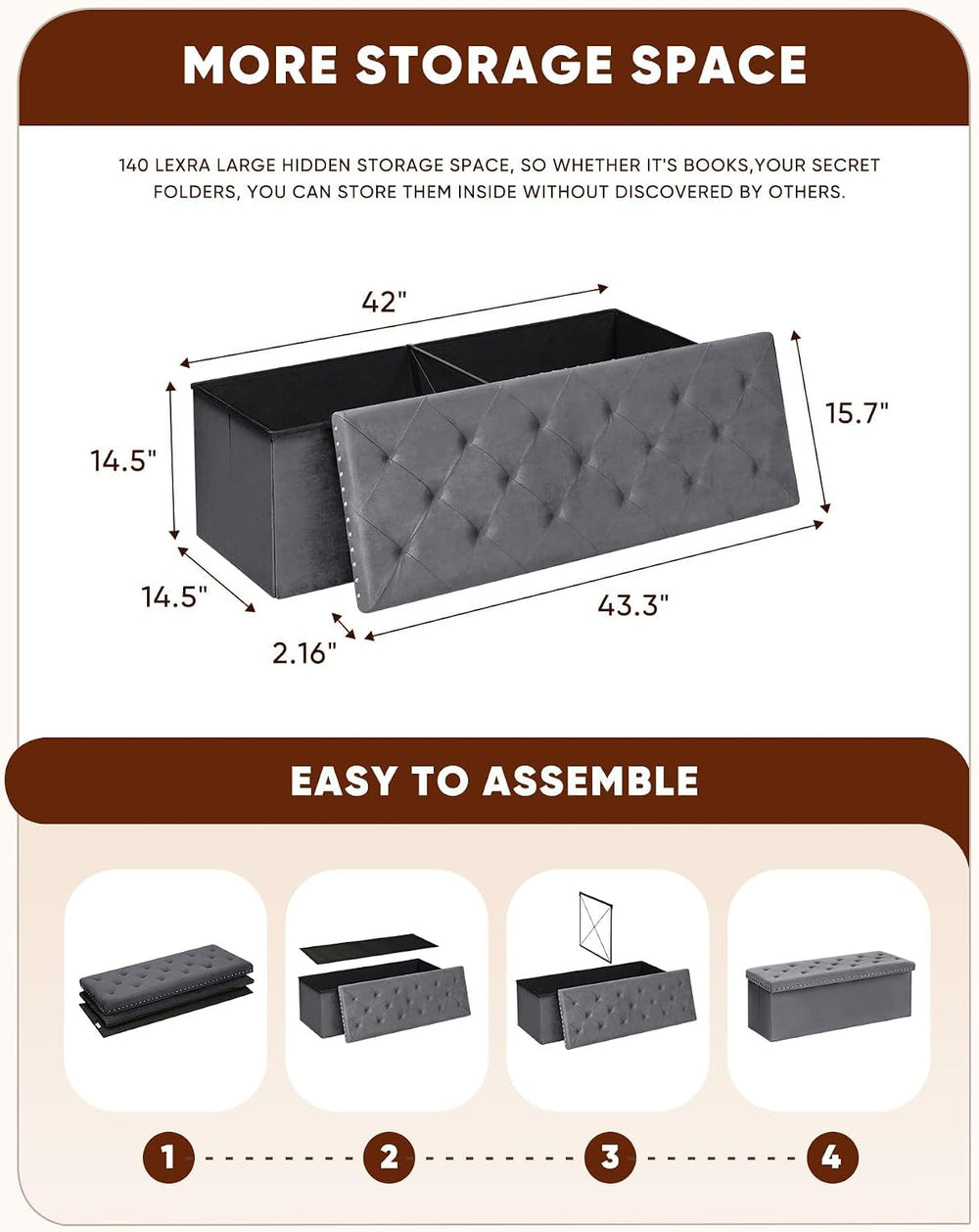 B FSOBEIIALEO Storage Ottoman Bench, 43" Velvet Ottoman with Storage, Grey