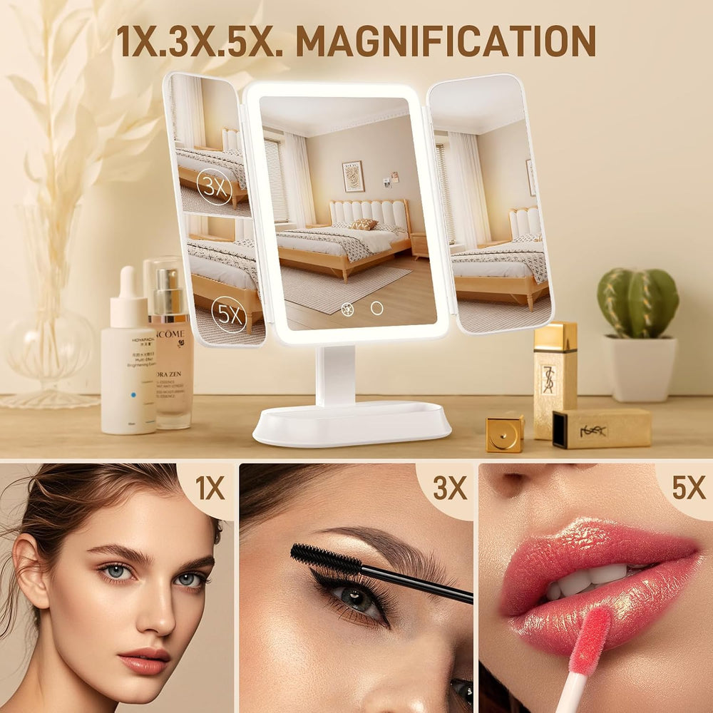 FRANO Trifold Makeup Mirror with Light, 3X/5X Magnifying Vanity Mirror,