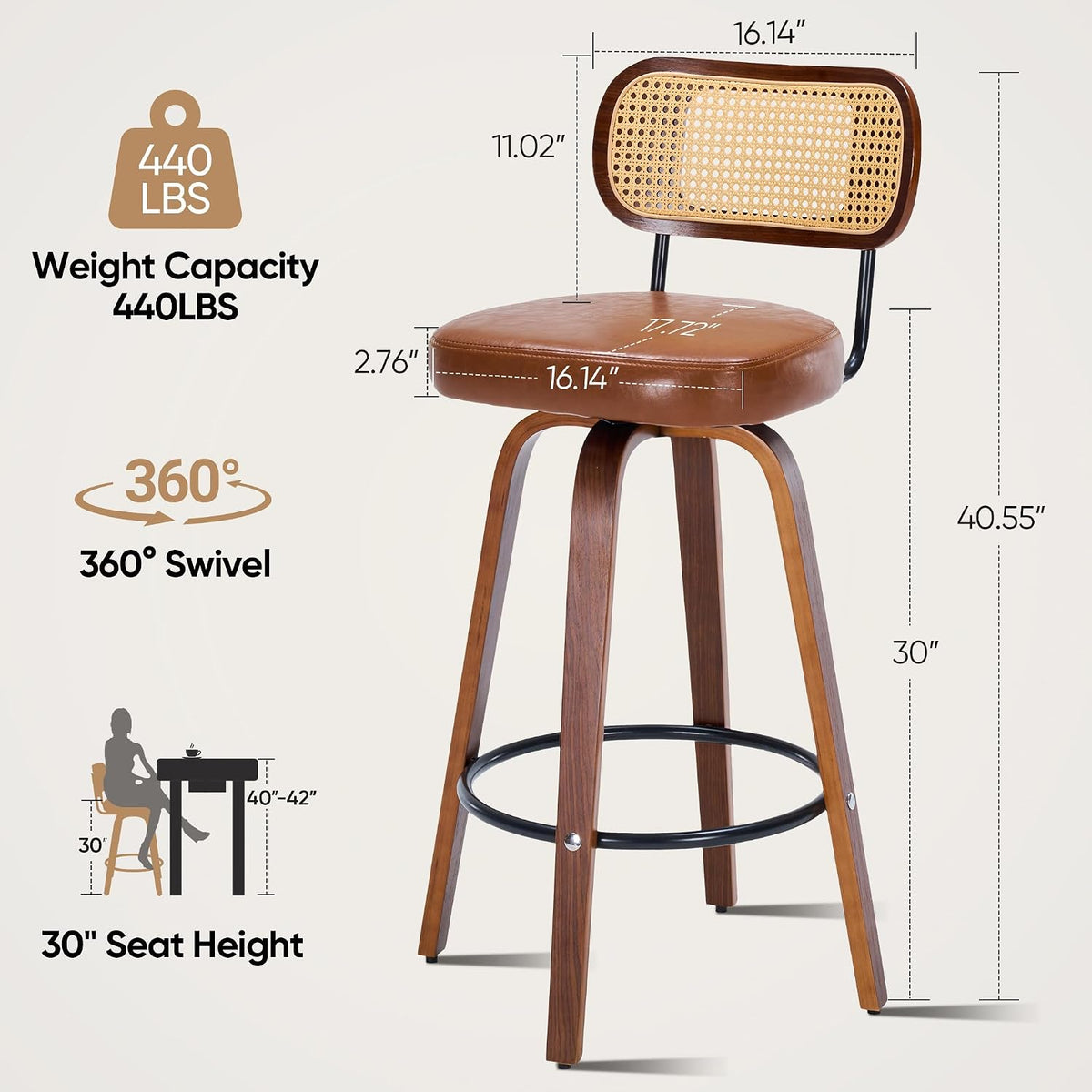 Rattan Bar Stools Set of 2,Upholstered PU Leather, 30''Counter Height Barstools with Back and Wood Legs,360°Swivel,Mid-Century Modern Bar Stool for kitchen Island Dining Room and Bar(Vintage Brown)