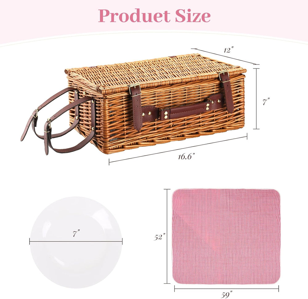 Neti Neti Wicker Picnic Basket for 4, Insulated Set with Blanket