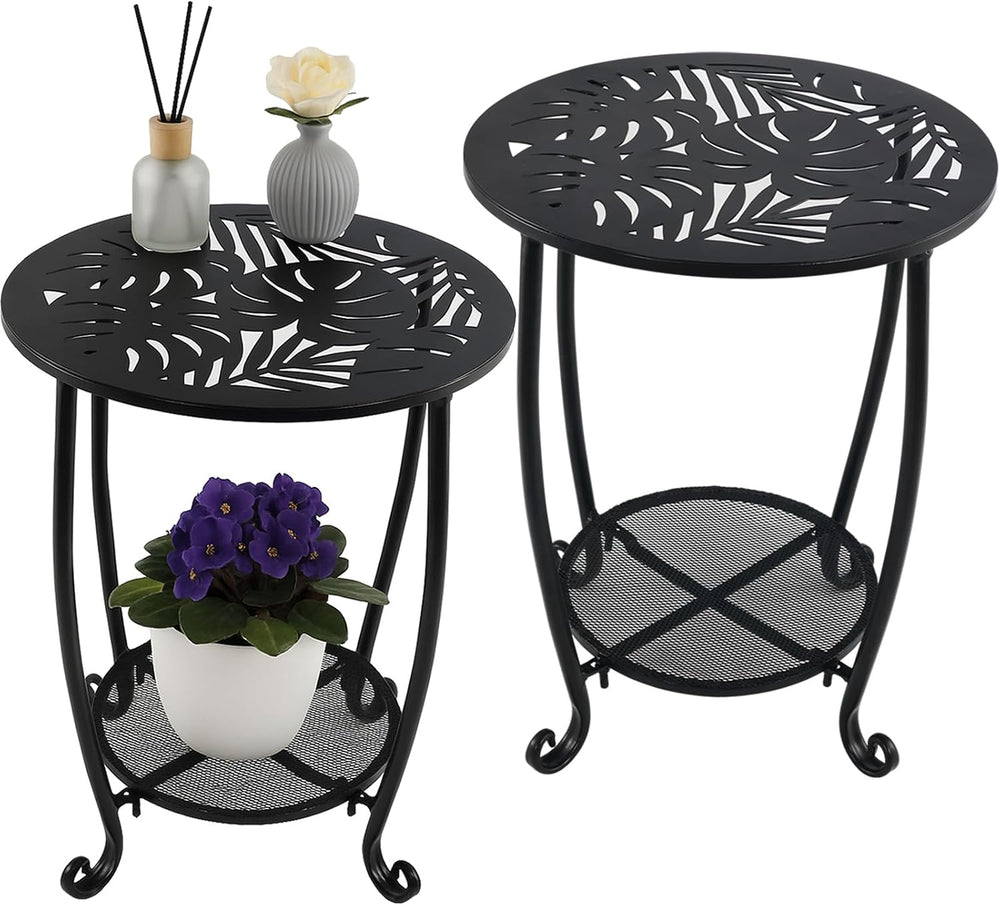 2-Tier Metal Round Side Table Set of Two Black Accent Coffee Tables Small Spa...