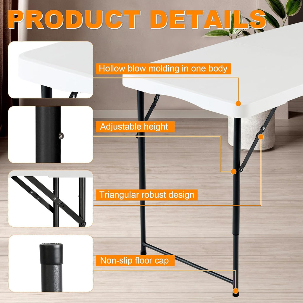 4ft Folding Table, Portable Fold-in-Half Adjustable Height Utility Table for Indoor/Outdoor Use, Durable HDPE & Steel, Stable & Lightweight, Multi-Purpose, White