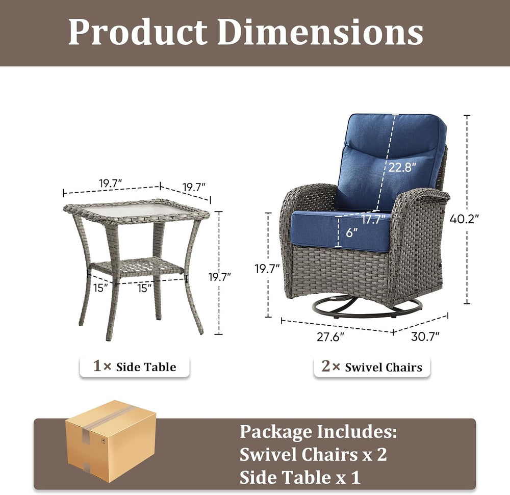 3Pc Patio Furniture Set, Swivel Chairs & Side Table Gray/Gray
